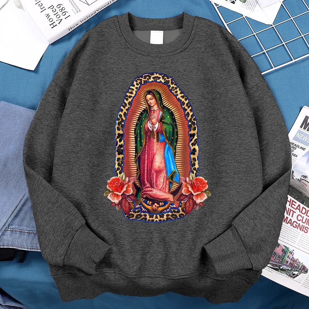 Nuestra Señora De Guadalupe Sweatshirts Mens Creativity Loose Hoodie Cartoon Fleece Hoody Clothing Casual O-Neck Hoodie Pullover