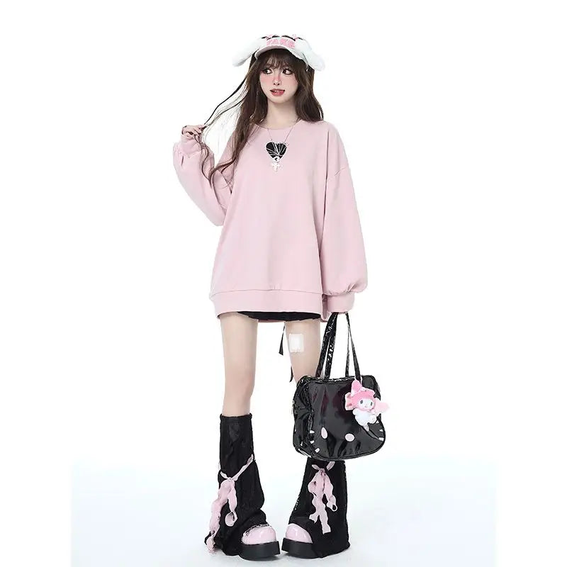 Sweet Sweatshirt Women Clothing Bow Bangage O-neck Long Sleeve Casual Y2k Tops 2025 Ropa Mujer Fashion Japanese Y2k Hoodies