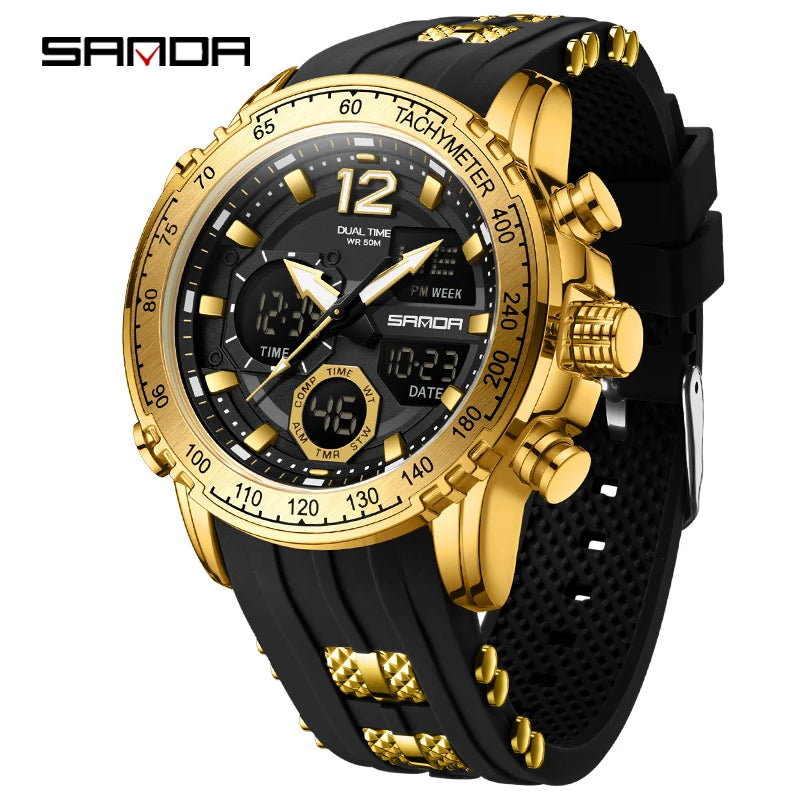 SANDA New Men's Wristwatch Waterproof Alarm Clock Multi-function Double Display Electronic Sports Watch LED Digital Quartz Clock