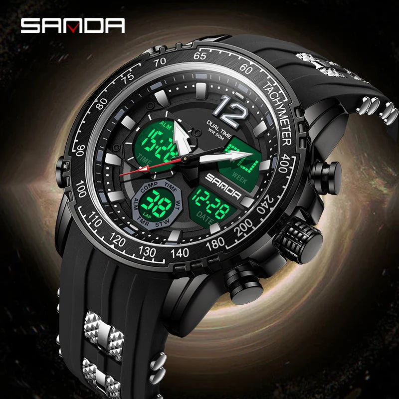 SANDA New Men's Wristwatch Waterproof Alarm Clock Multi-function Double Display Electronic Sports Watch LED Digital Quartz Clock