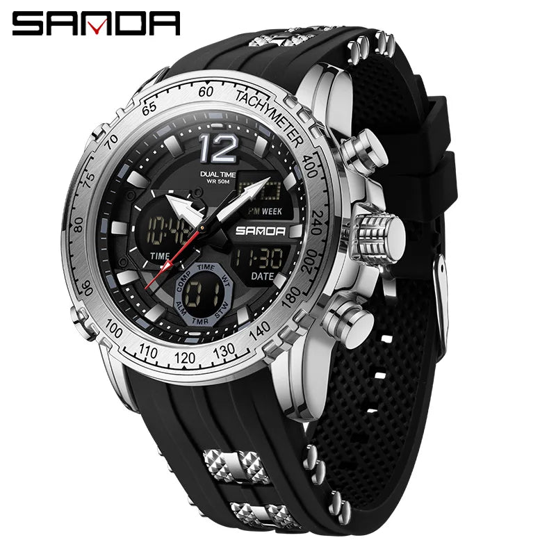 SANDA New Men's Wristwatch Waterproof Alarm Clock Multi-function Double Display Electronic Sports Watch LED Digital Quartz Clock