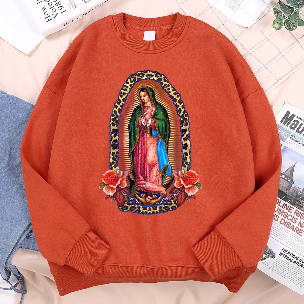 Nuestra Señora De Guadalupe Sweatshirts Mens Creativity Loose Hoodie Cartoon Fleece Hoody Clothing Casual O-Neck Hoodie Pullover