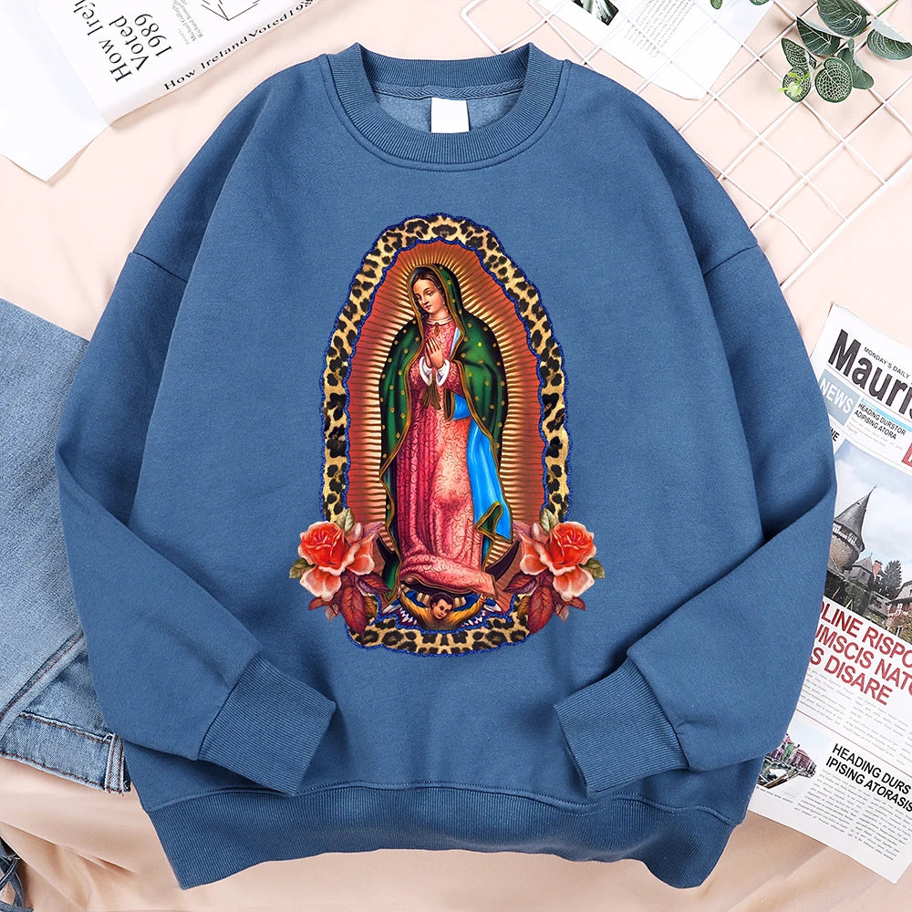 Nuestra Señora De Guadalupe Sweatshirts Mens Creativity Loose Hoodie Cartoon Fleece Hoody Clothing Casual O-Neck Hoodie Pullover