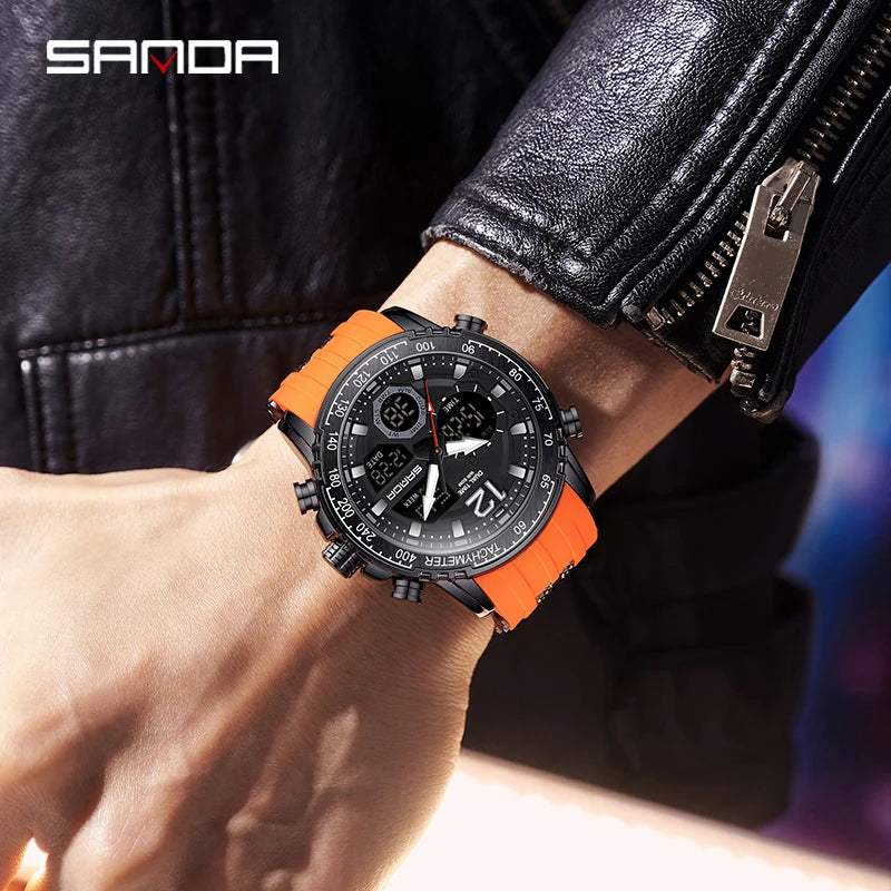 SANDA New Men's Wristwatch Waterproof Alarm Clock Multi-function Double Display Electronic Sports Watch LED Digital Quartz Clock