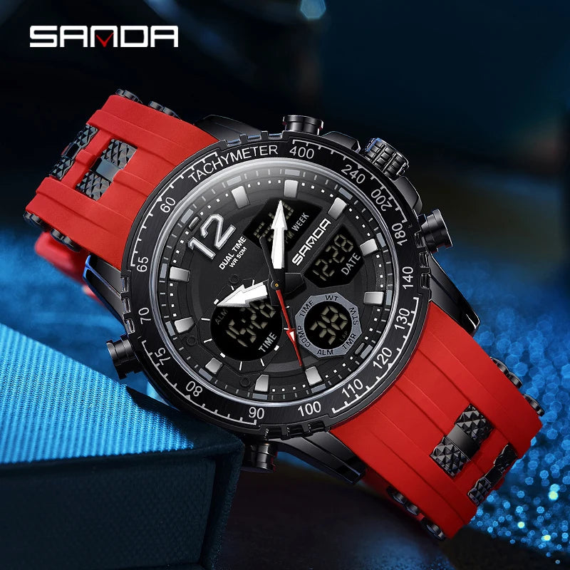 SANDA New Men's Wristwatch Waterproof Alarm Clock Multi-function Double Display Electronic Sports Watch LED Digital Quartz Clock