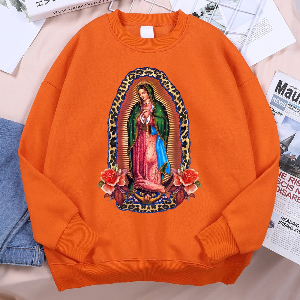 Nuestra Señora De Guadalupe Sweatshirts Mens Creativity Loose Hoodie Cartoon Fleece Hoody Clothing Casual O-Neck Hoodie Pullover