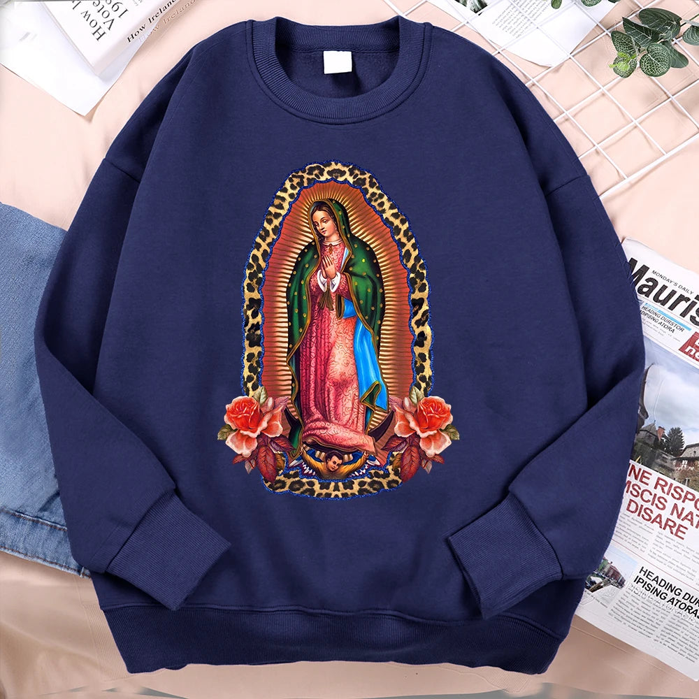 Nuestra Señora De Guadalupe Sweatshirts Mens Creativity Loose Hoodie Cartoon Fleece Hoody Clothing Casual O-Neck Hoodie Pullover