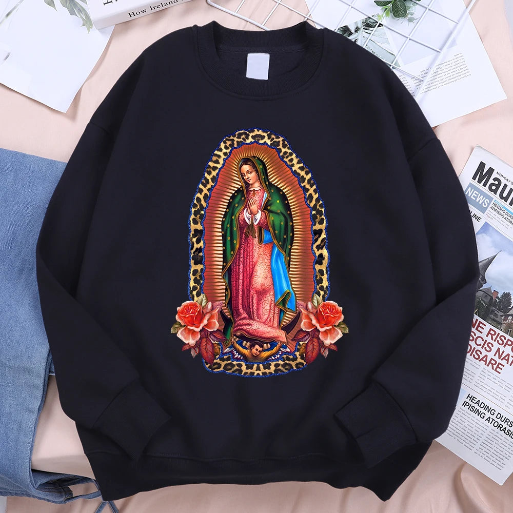 Nuestra Señora De Guadalupe Sweatshirts Mens Creativity Loose Hoodie Cartoon Fleece Hoody Clothing Casual O-Neck Hoodie Pullover