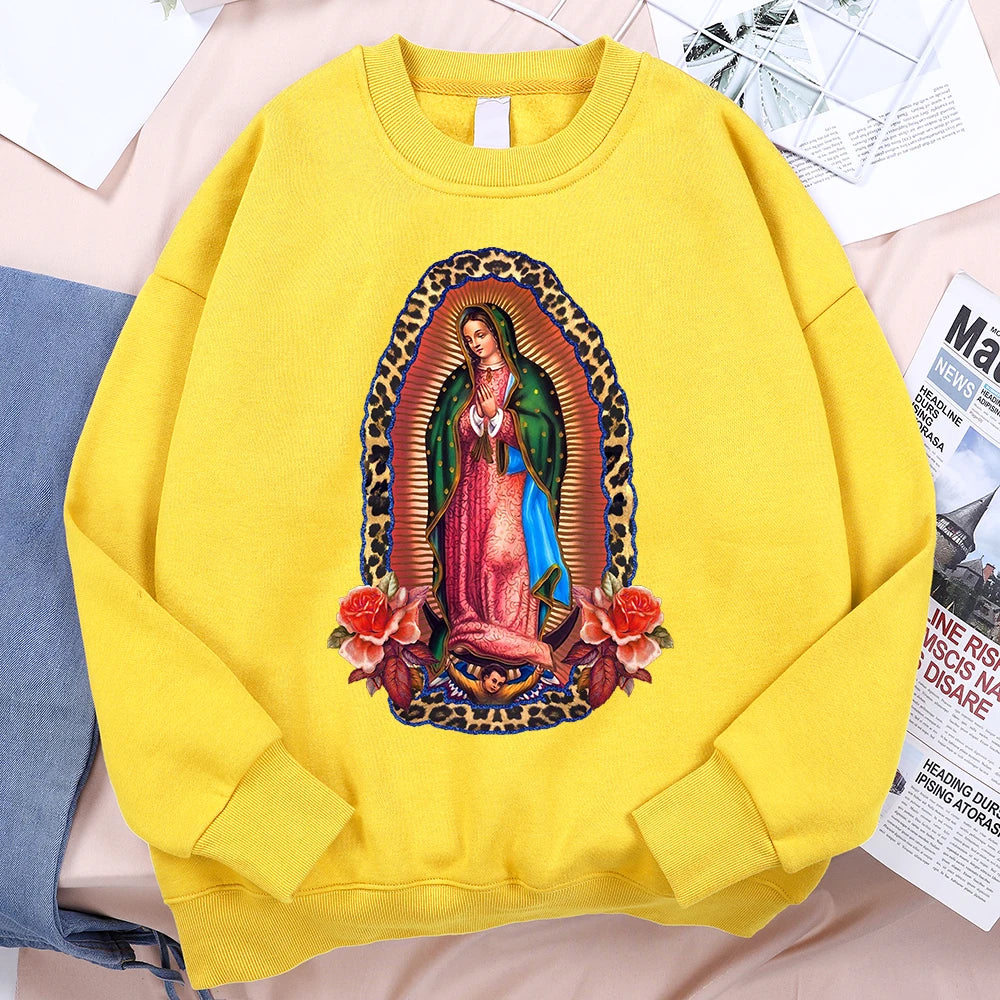 Nuestra Señora De Guadalupe Sweatshirts Mens Creativity Loose Hoodie Cartoon Fleece Hoody Clothing Casual O-Neck Hoodie Pullover