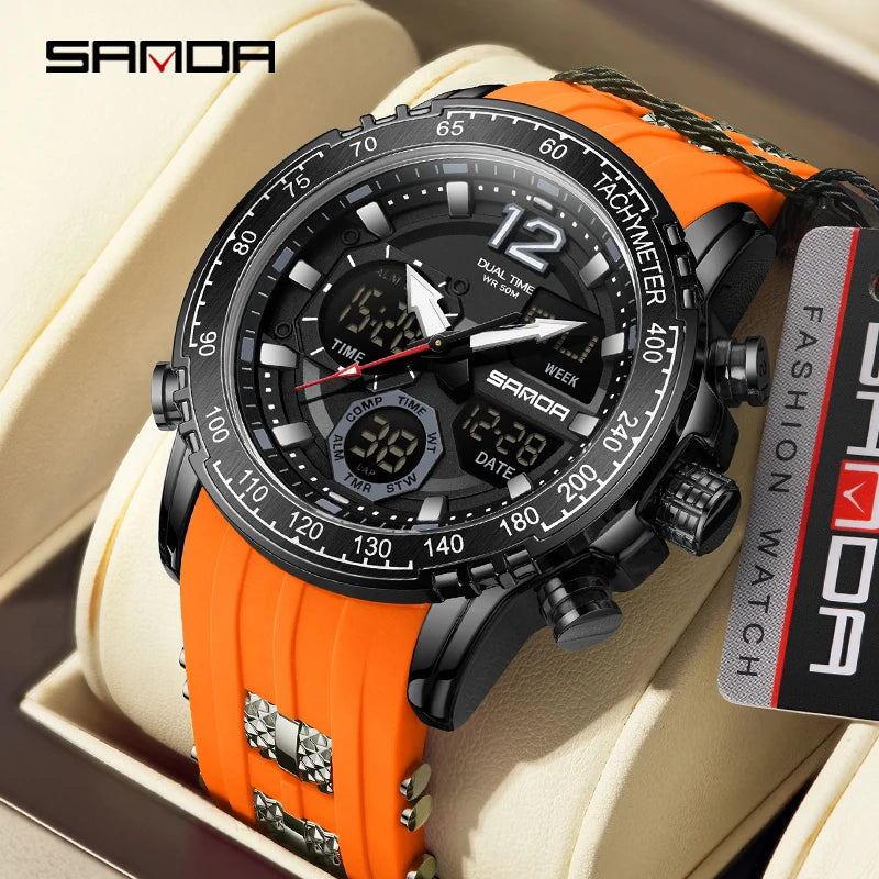 SANDA New Men's Wristwatch Waterproof Alarm Clock Multi-function Double Display Electronic Sports Watch LED Digital Quartz Clock