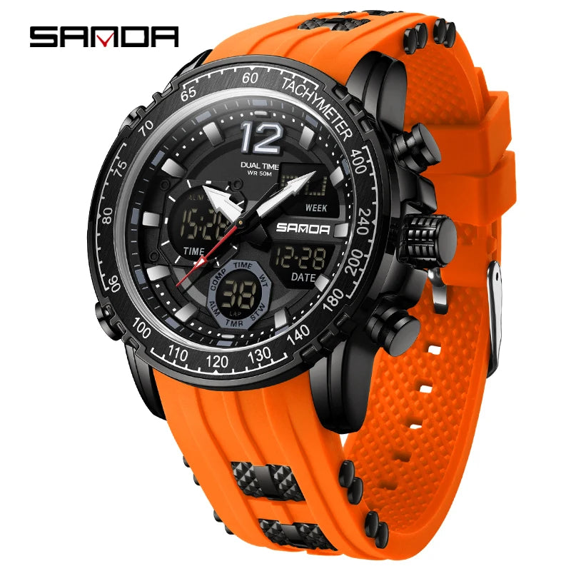 SANDA New Men's Wristwatch Waterproof Alarm Clock Multi-function Double Display Electronic Sports Watch LED Digital Quartz Clock