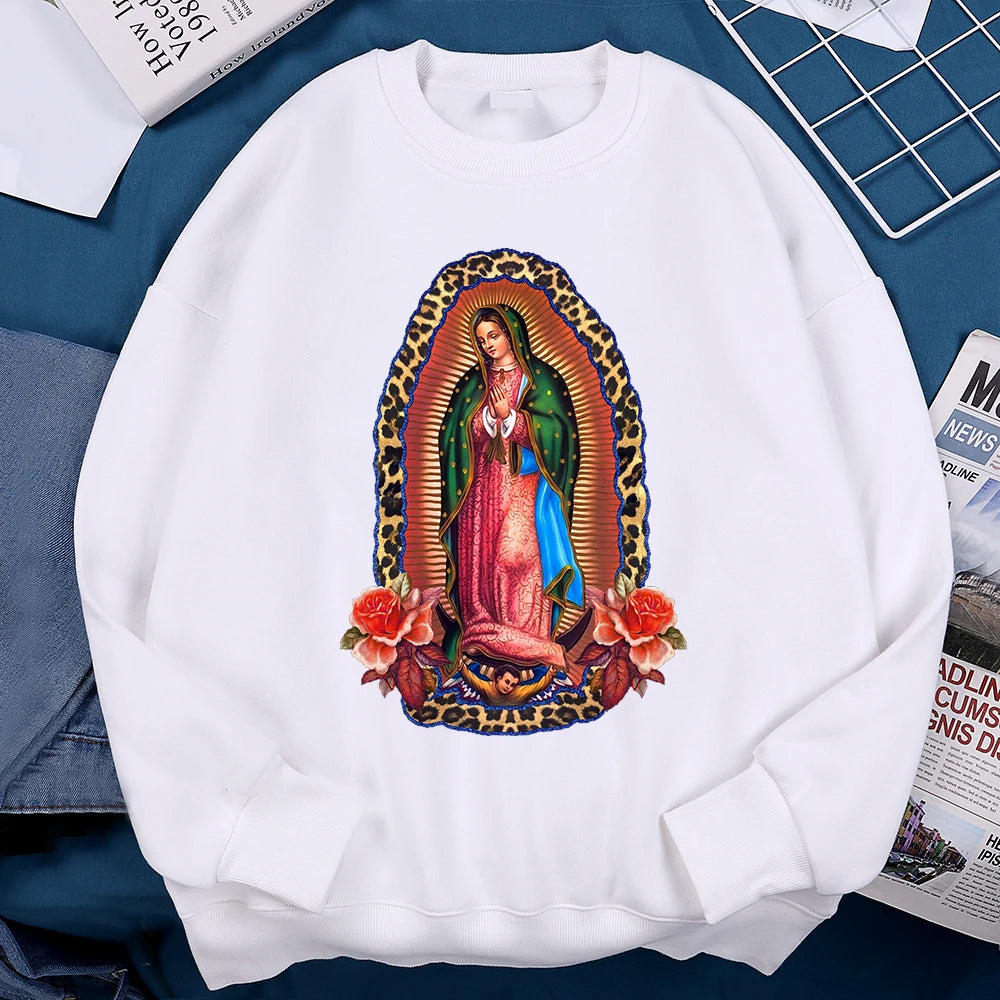 Nuestra Señora De Guadalupe Sweatshirts Mens Creativity Loose Hoodie Cartoon Fleece Hoody Clothing Casual O-Neck Hoodie Pullover