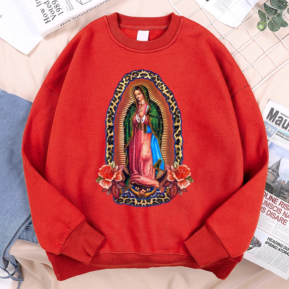 Nuestra Señora De Guadalupe Sweatshirts Mens Creativity Loose Hoodie Cartoon Fleece Hoody Clothing Casual O-Neck Hoodie Pullover