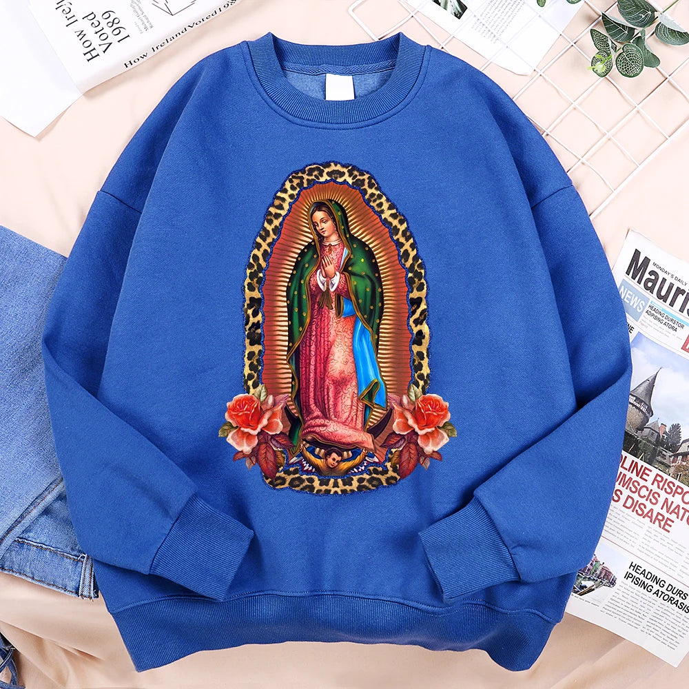 Nuestra Señora De Guadalupe Sweatshirts Mens Creativity Loose Hoodie Cartoon Fleece Hoody Clothing Casual O-Neck Hoodie Pullover