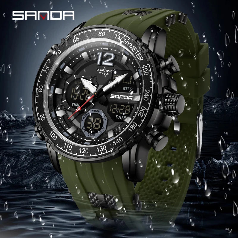 SANDA New Men's Wristwatch Waterproof Alarm Clock Multi-function Double Display Electronic Sports Watch LED Digital Quartz Clock