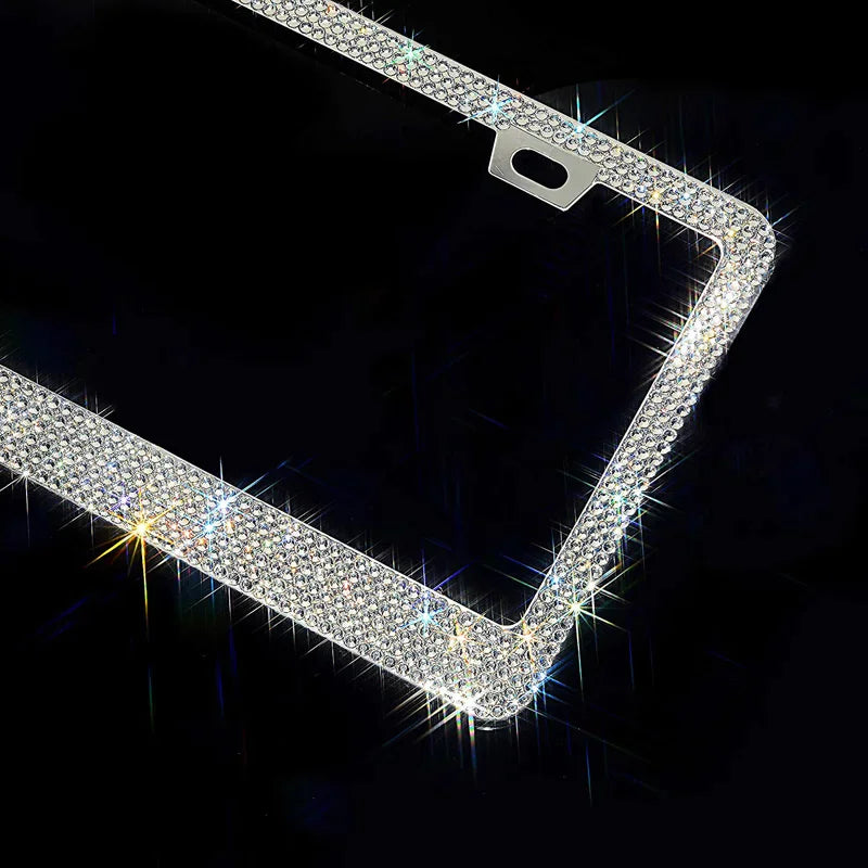 2PCS Bling License Plate Frame - W/Glitter Crystal Sparkling Rhinestone Diamond Caps