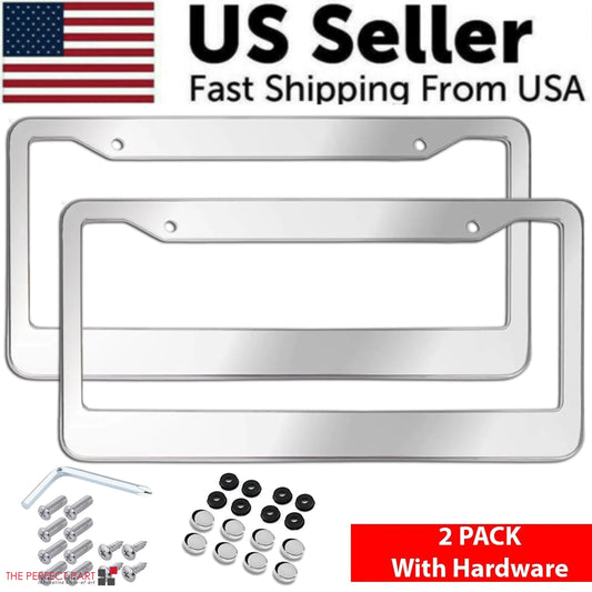 2PCS Chrome Stainless Steel Metal License Plate W/Frame Tag Cover & Screw Caps