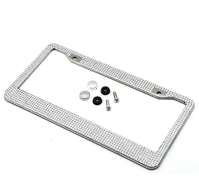 2PCS Bling License Plate Frame - W/Glitter Crystal Sparkling Rhinestone Diamond Caps