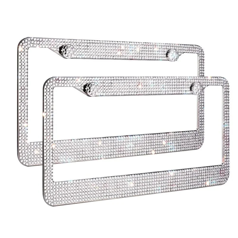 2PCS Bling License Plate Frame - W/Glitter Crystal Sparkling Rhinestone Diamond Caps