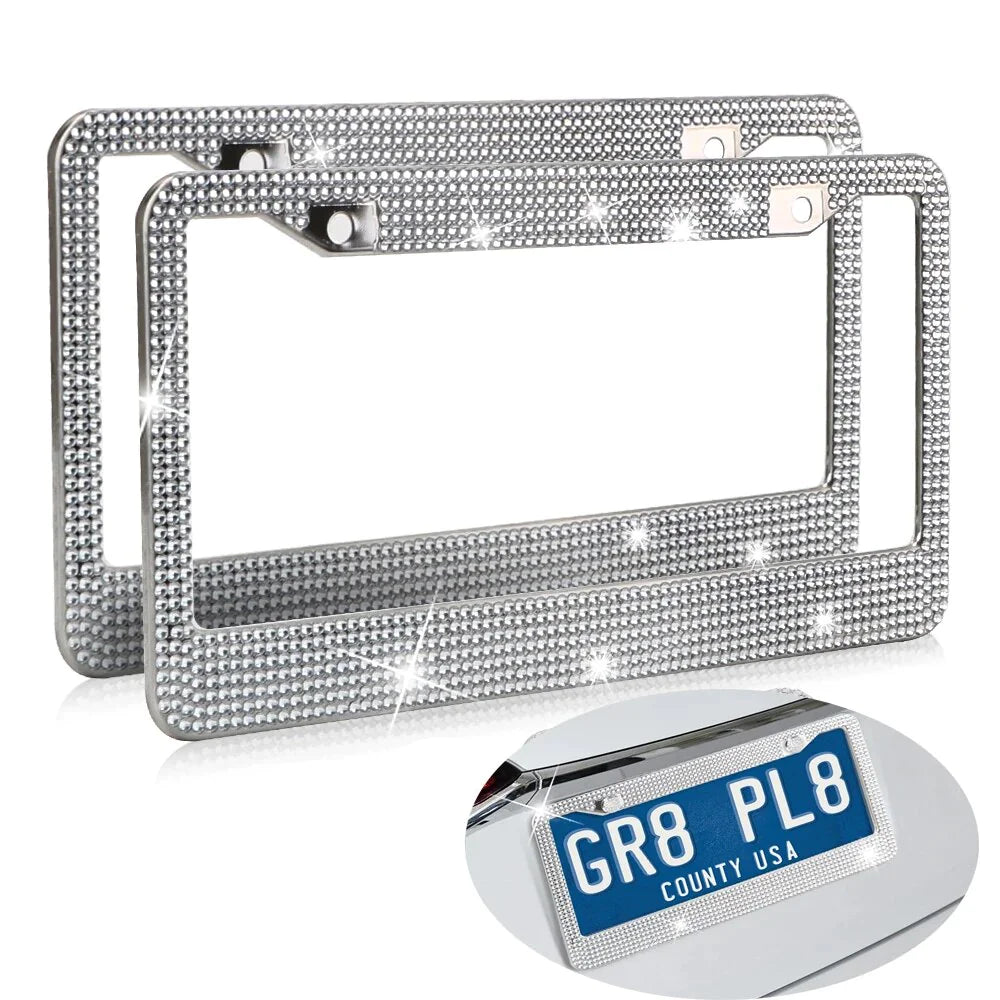 2PCS Bling License Plate Frame - W/Glitter Crystal Sparkling Rhinestone Diamond Caps