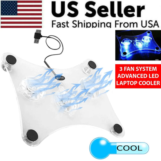 3 Fans USB Cooler Cooling Pad Stand LED Light Radiator For Laptop PC Notebook