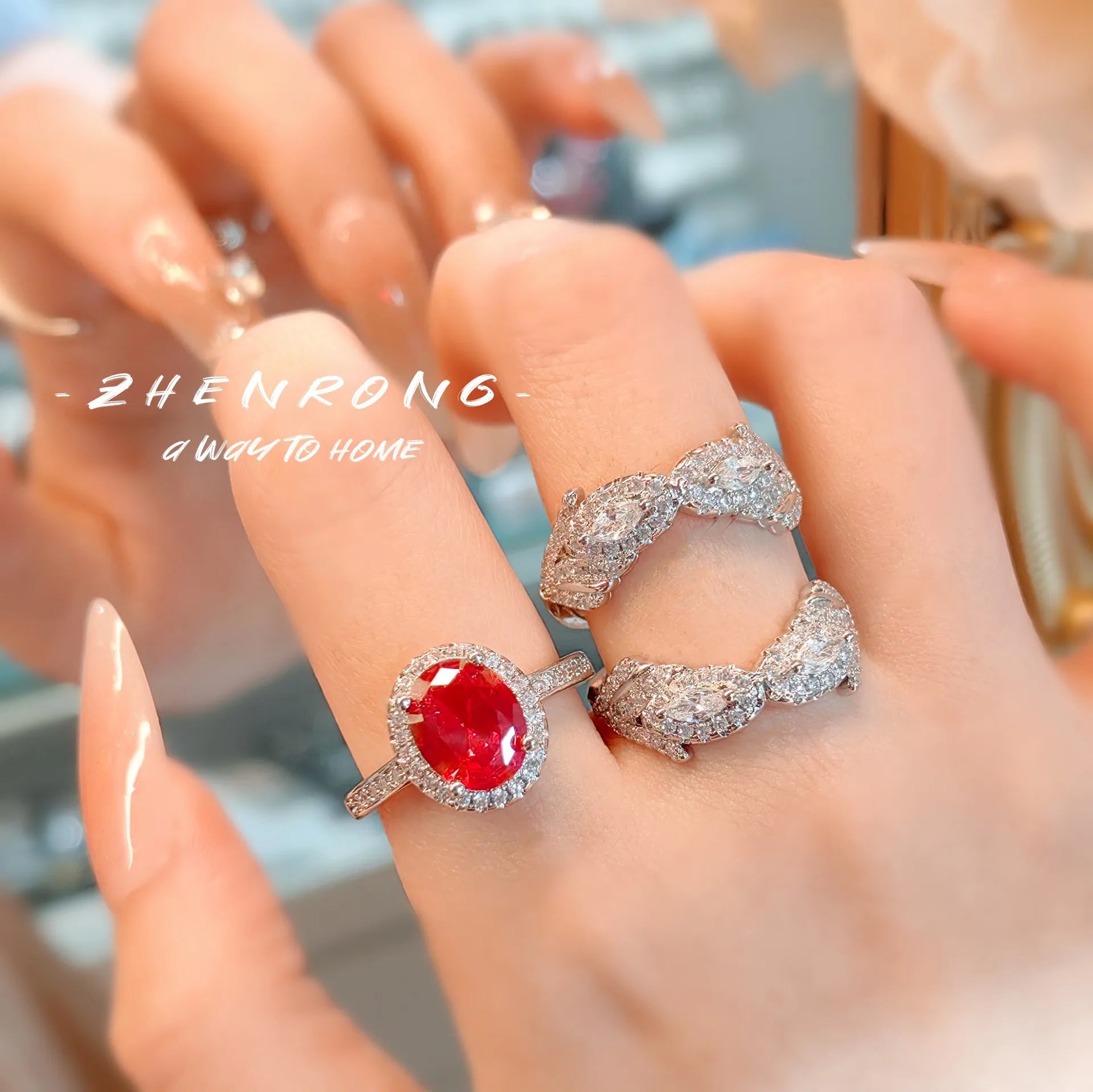 Dazzling Emerald/Red Corundum Rings For Women Delicate Silver Color Wedding Ring 2 Piece Sets Engagement Jewelry For Women