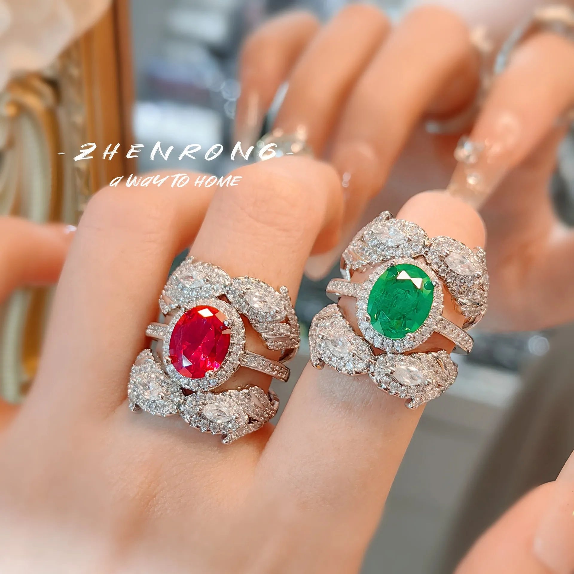 Dazzling Emerald/Red Corundum Rings For Women Delicate Silver Color Wedding Ring 2 Piece Sets Engagement Jewelry For Women