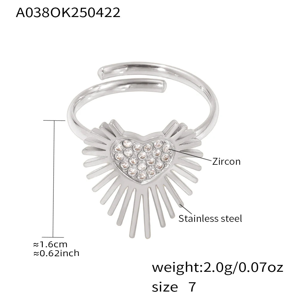 Radial Heart Rings In Stainless Steel With 18k Gold Plated Waterproof No Tarnish Inlaid Shiny Zircons Adjustable Ring For Women
