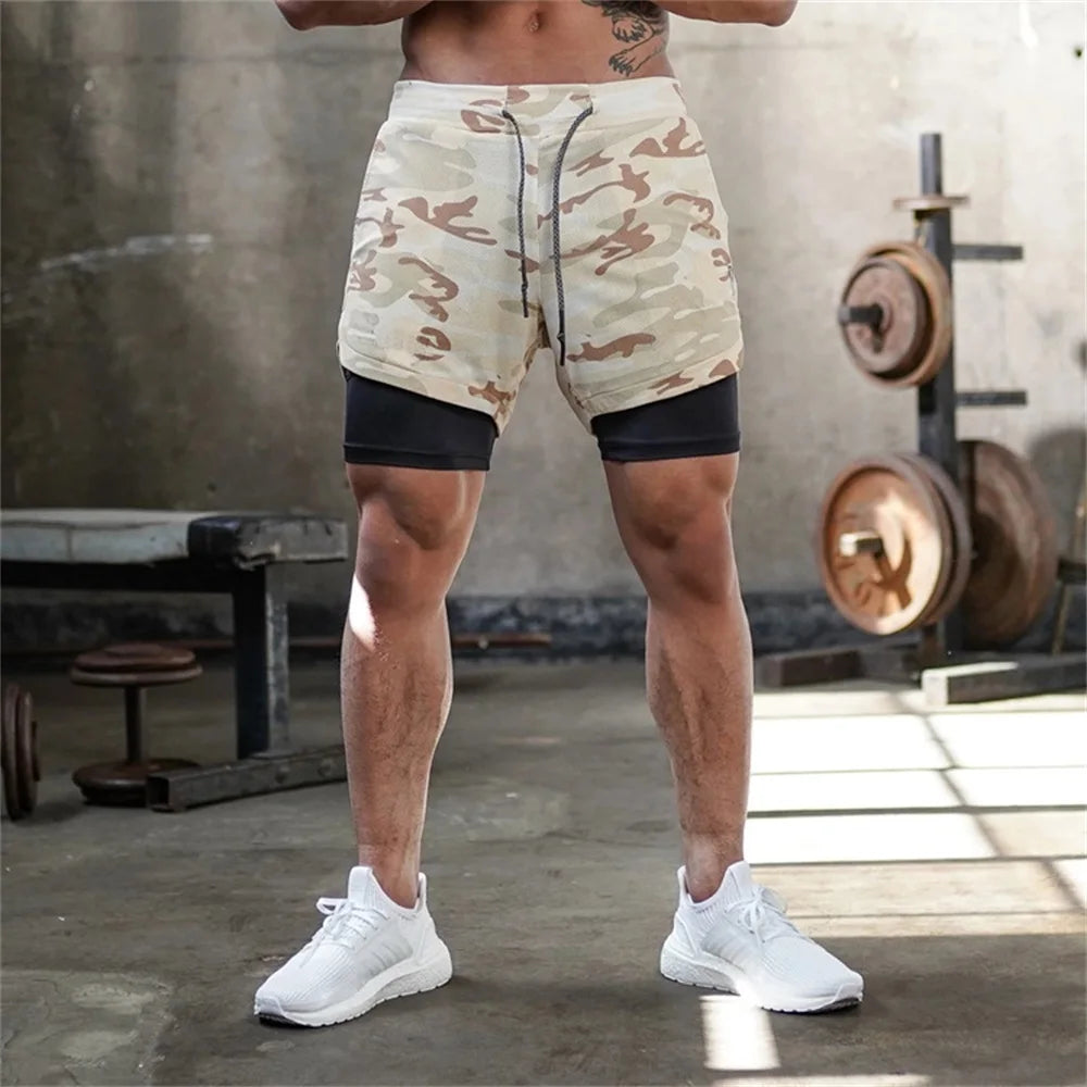 Mens Gym Sports Shorts Jogging Running Breathable Fitness Exercise Double Layer Shirt Hidden-Pocket Casual Camouflage Shorts