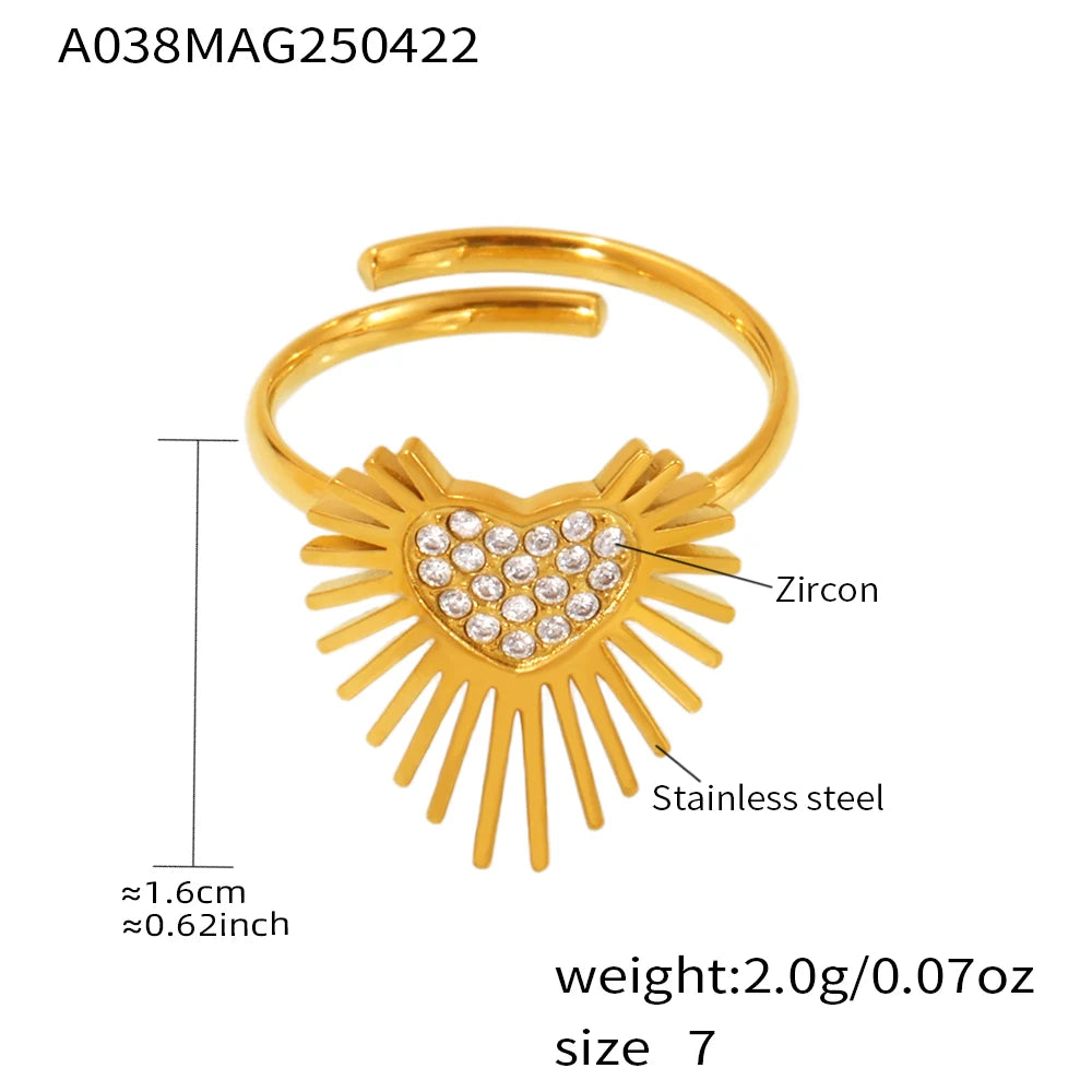Radial Heart Rings In Stainless Steel With 18k Gold Plated Waterproof No Tarnish Inlaid Shiny Zircons Adjustable Ring For Women