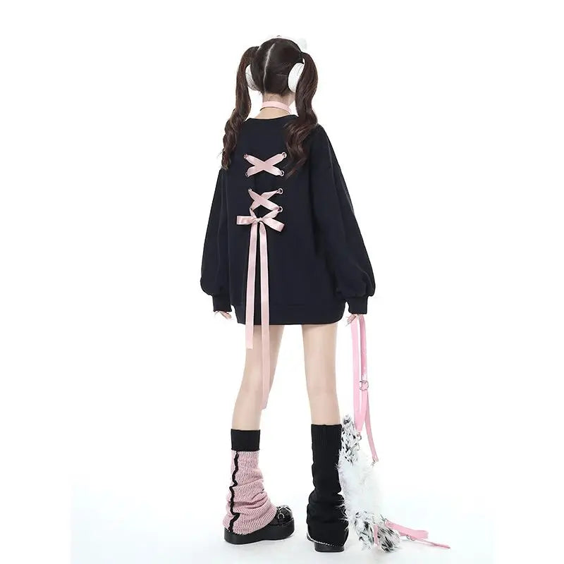 Sweet Sweatshirt Women Clothing Bow Bangage O-neck Long Sleeve Casual Y2k Tops 2025 Ropa Mujer Fashion Japanese Y2k Hoodies