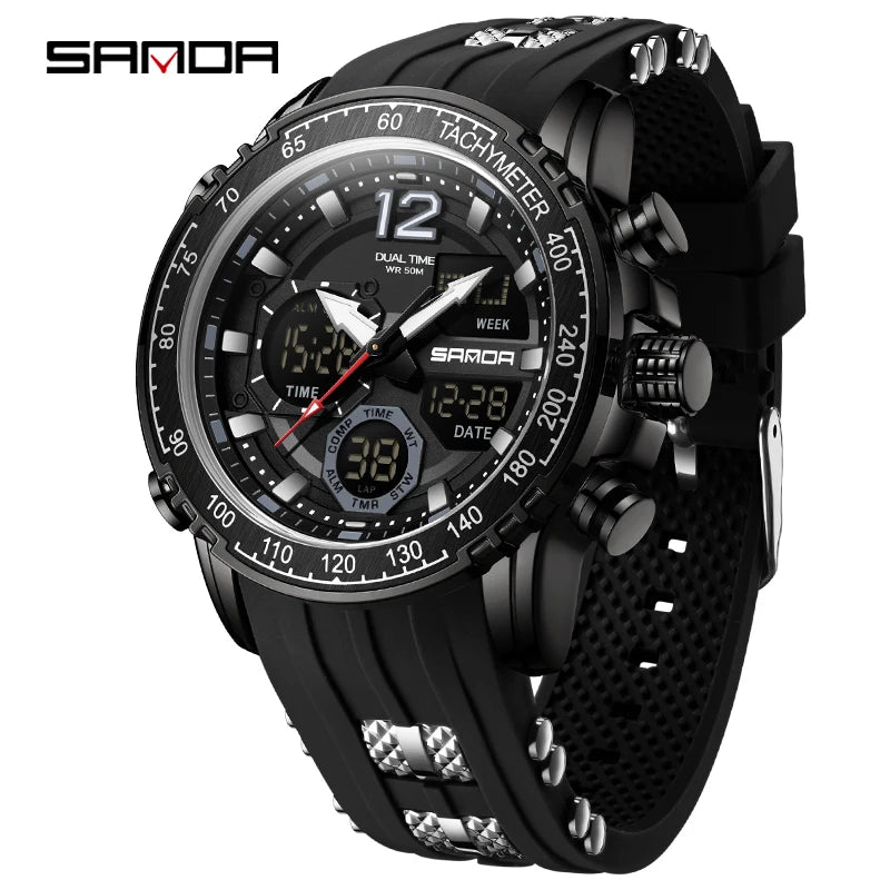 SANDA New Men's Wristwatch Waterproof Alarm Clock Multi-function Double Display Electronic Sports Watch LED Digital Quartz Clock