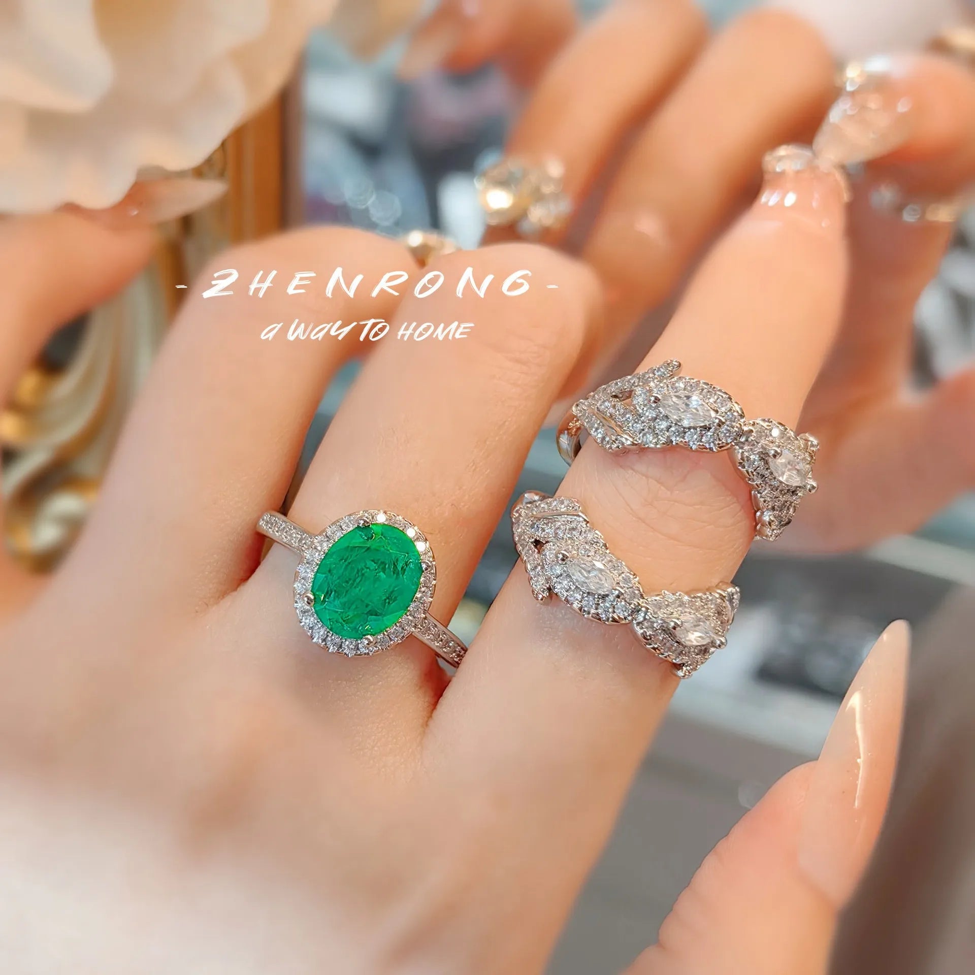 Dazzling Emerald/Red Corundum Rings For Women Delicate Silver Color Wedding Ring 2 Piece Sets Engagement Jewelry For Women