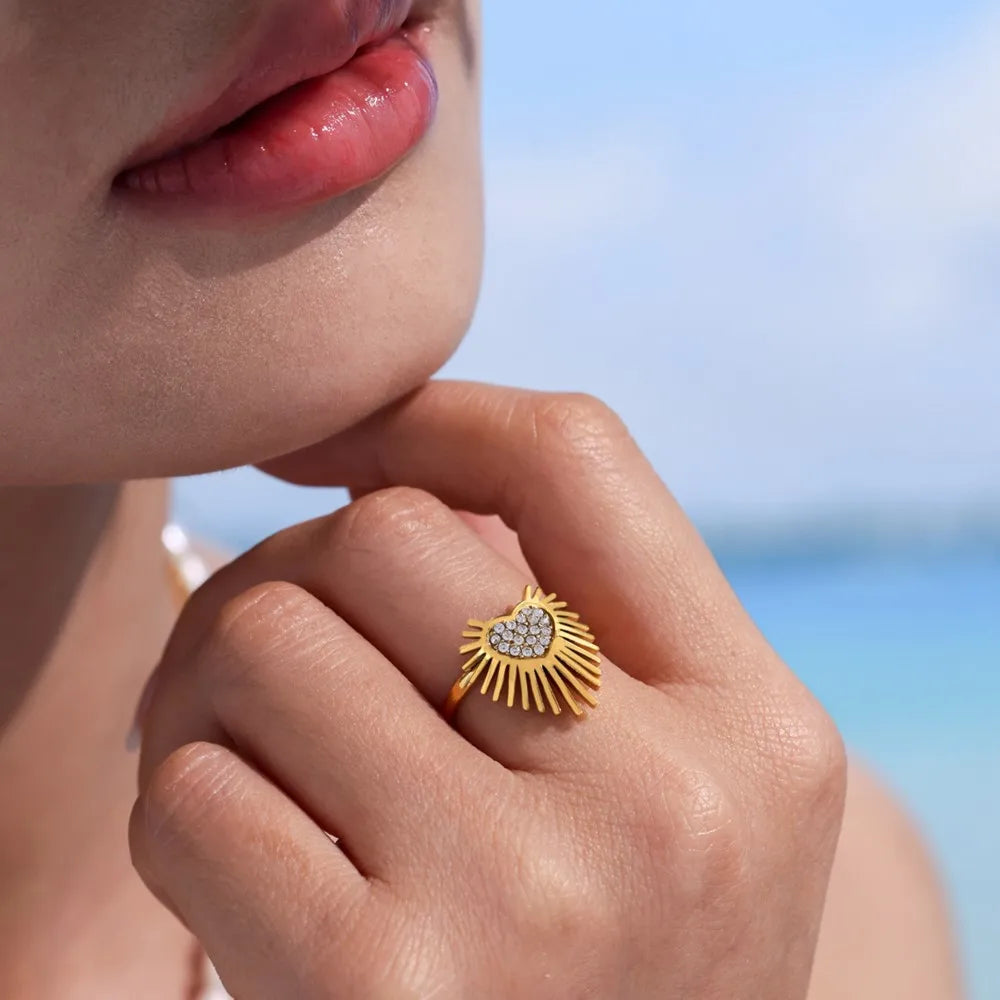 Radial Heart Rings In Stainless Steel With 18k Gold Plated Waterproof No Tarnish Inlaid Shiny Zircons Adjustable Ring For Women