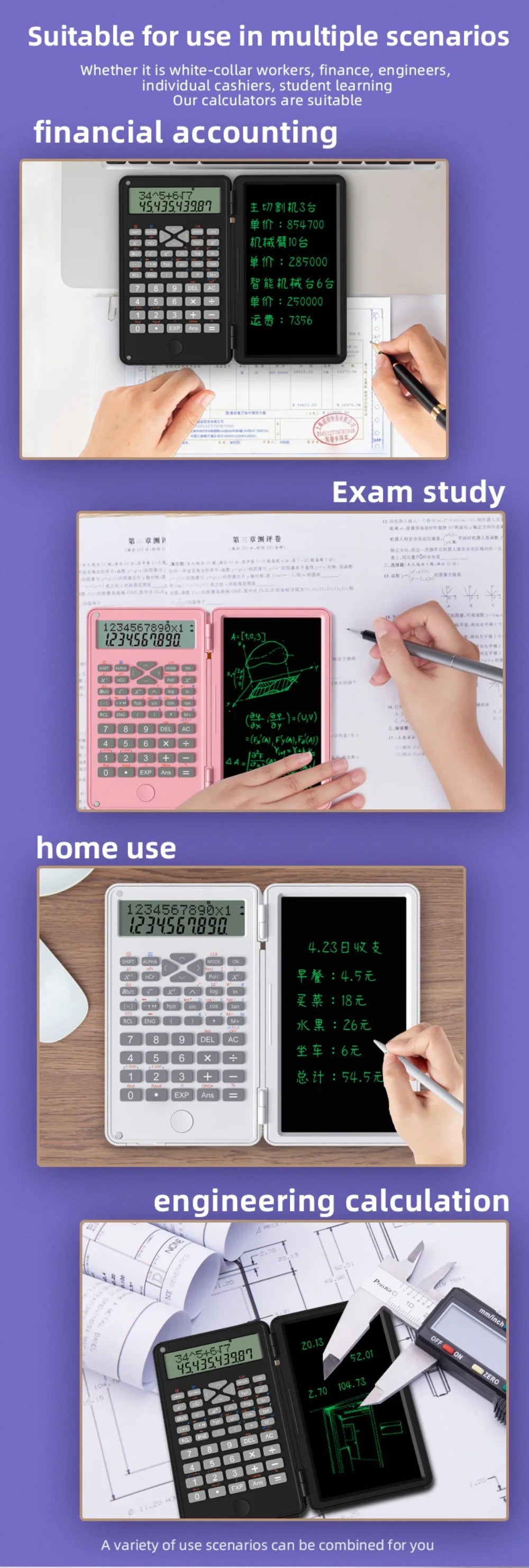 3 in 1 Scientific Calculator Foldable 6-inch Office LCD Drawing Pad Portable Erasable Digital Writing Tablet