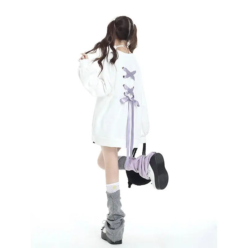 Sweet Sweatshirt Women Clothing Bow Bangage O-neck Long Sleeve Casual Y2k Tops 2025 Ropa Mujer Fashion Japanese Y2k Hoodies