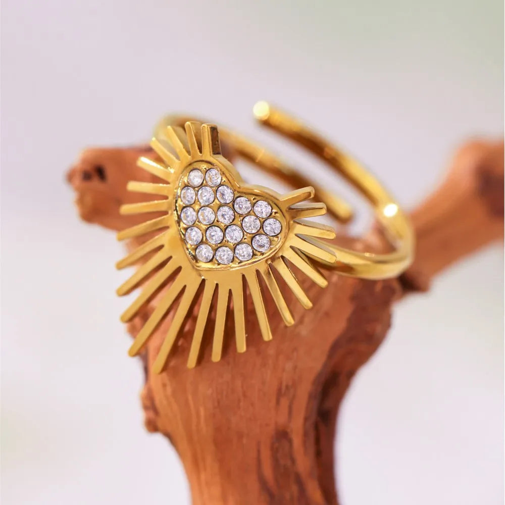 Radial Heart Rings In Stainless Steel With 18k Gold Plated Waterproof No Tarnish Inlaid Shiny Zircons Adjustable Ring For Women
