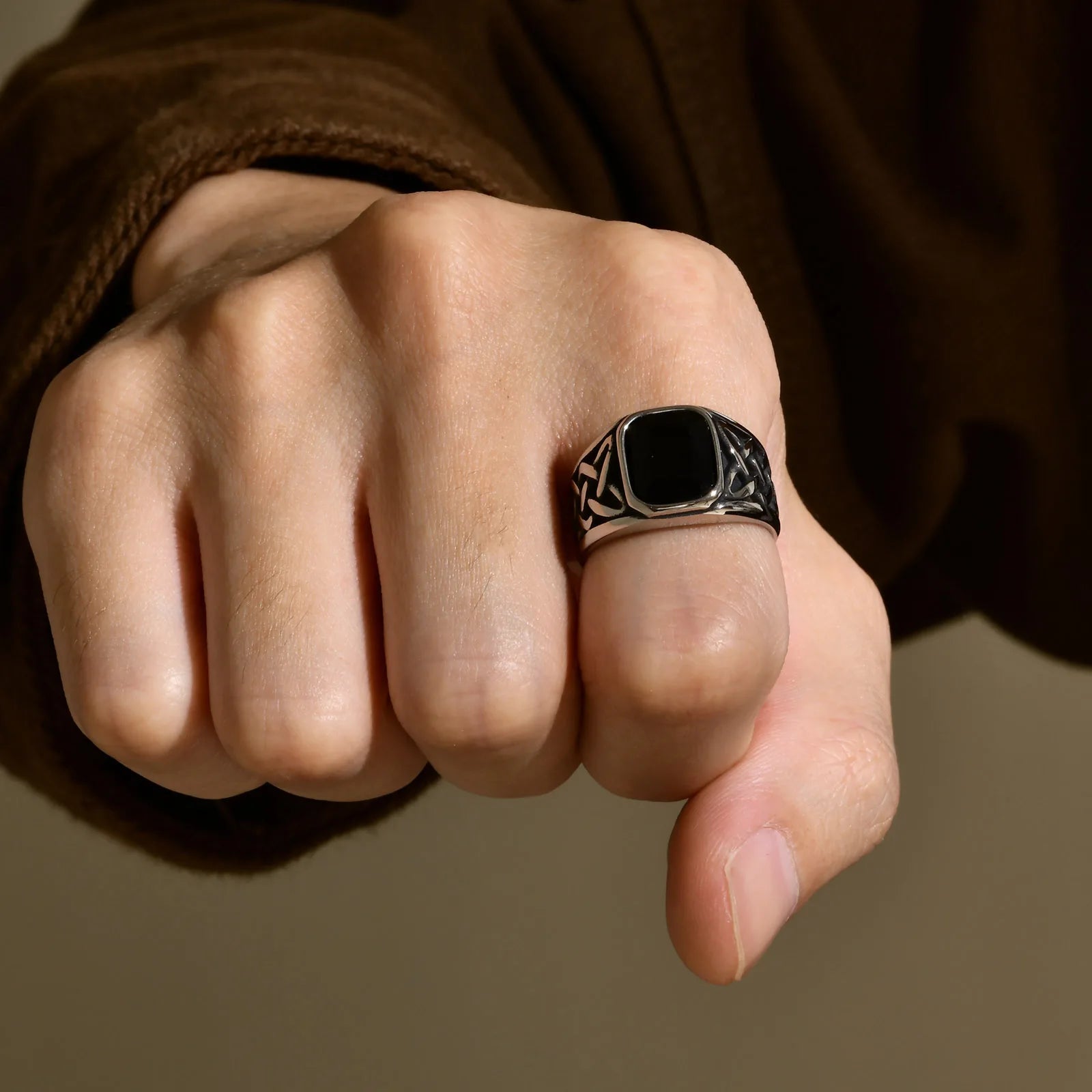 Punk Vintage Ethnic Rings for Men, Retro Viking Knot Rune Finger Band, Black Geometric Square Stone Signet Ring Jewelry