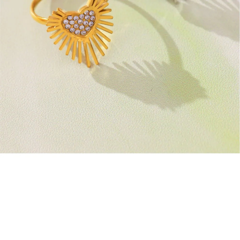 Radial Heart Rings In Stainless Steel With 18k Gold Plated Waterproof No Tarnish Inlaid Shiny Zircons Adjustable Ring For Women