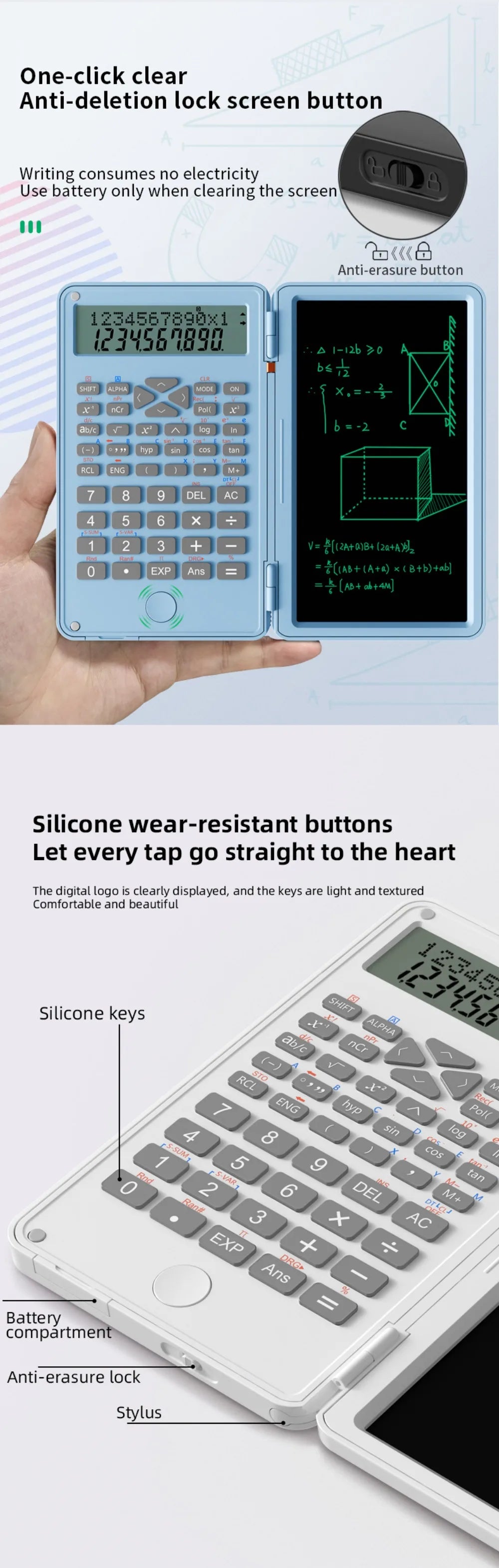 3 in 1 Scientific Calculator Foldable 6-inch Office LCD Drawing Pad Portable Erasable Digital Writing Tablet