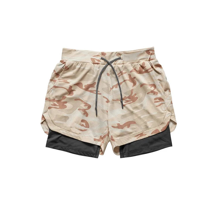 Mens Gym Sports Shorts Jogging Running Breathable Fitness Exercise Double Layer Shirt Hidden-Pocket Casual Camouflage Shorts
