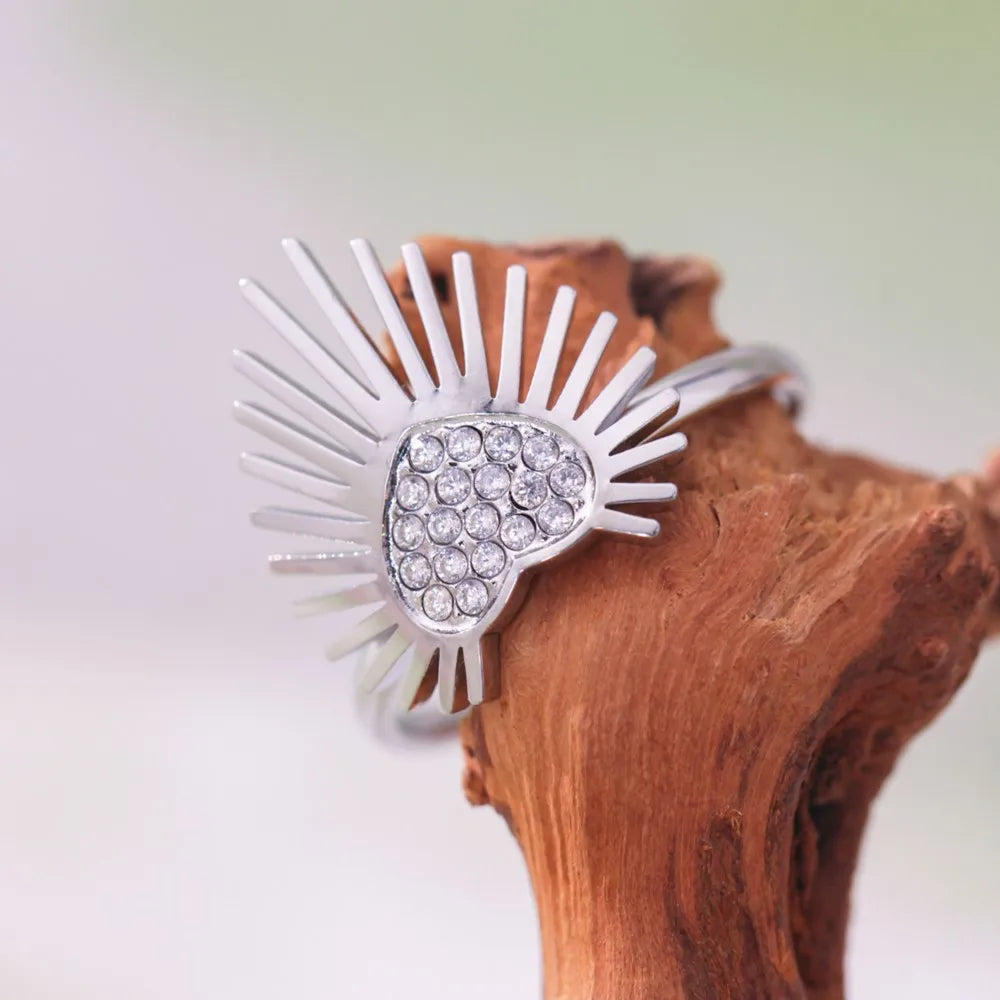 Radial Heart Rings In Stainless Steel With 18k Gold Plated Waterproof No Tarnish Inlaid Shiny Zircons Adjustable Ring For Women