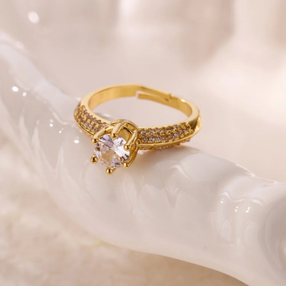 Zircon Round Rings For Women Gold Color Geometric Round Adjustable Ring Wedding Anniversary Waterproof Jewelry Gift