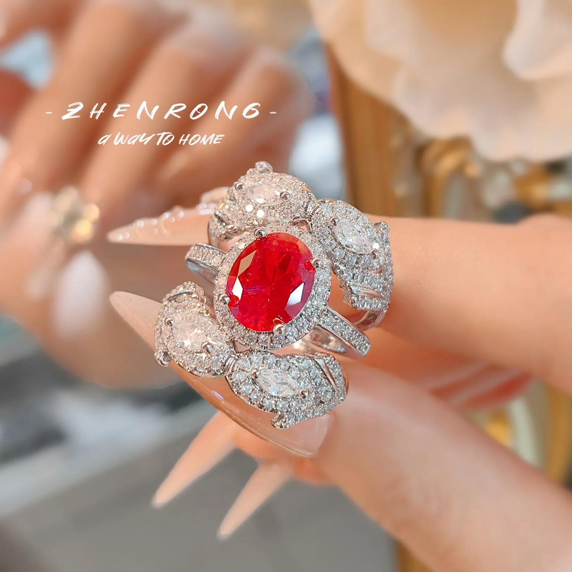 Dazzling Emerald/Red Corundum Rings For Women Delicate Silver Color Wedding Ring 2 Piece Sets Engagement Jewelry For Women