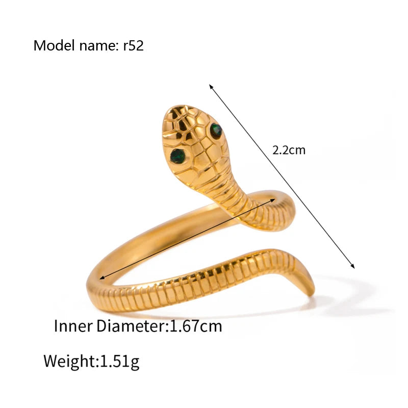 2025 Vintage Hollow Zircon Rings For Women Metal Gold Color Trend Luxury Snake Shape Vintage Trendy Stainless Steel Ring Jewelry