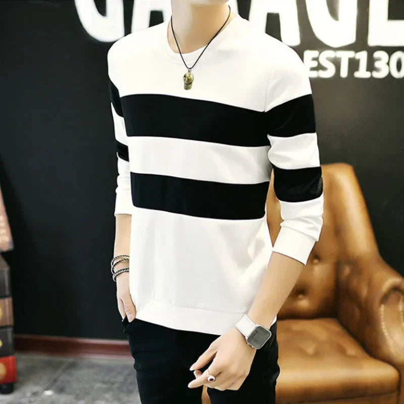 Black White Striped Sweatshirts Mens 2024 Spring Autumn Long Sleeve Sweatshirts Slim Fit Male Tracksuit Pullover Hoodie Clothing