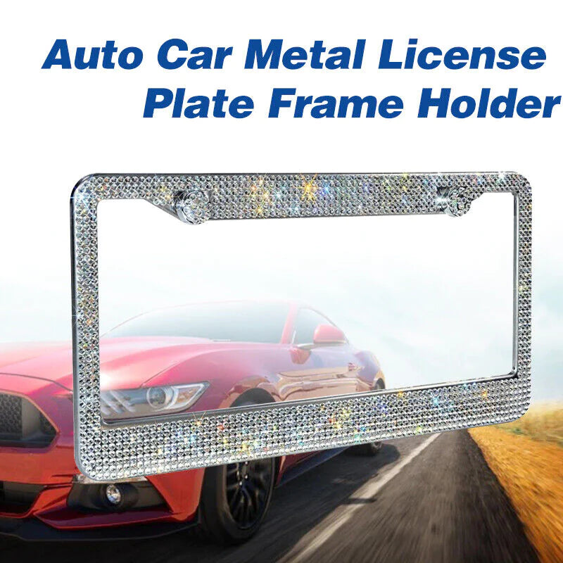 2PCS Bling License Plate Frame - W/Glitter Crystal Sparkling Rhinestone Diamond Caps