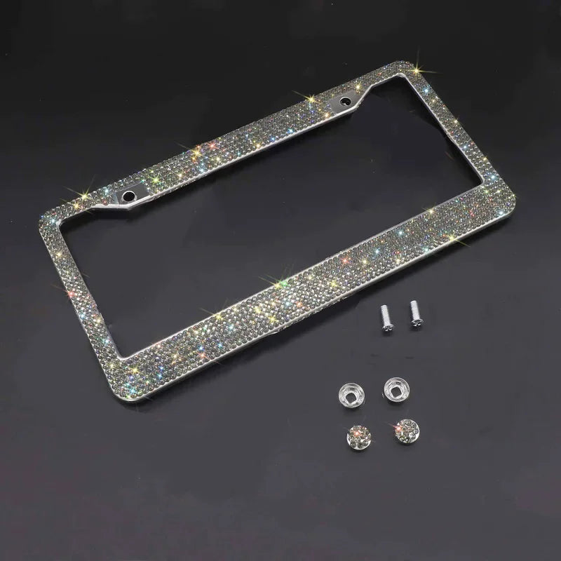 2PCS Bling License Plate Frame - W/Glitter Crystal Sparkling Rhinestone Diamond Caps