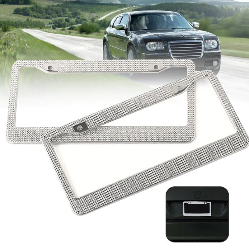 2PCS Bling License Plate Frame - W/Glitter Crystal Sparkling Rhinestone Diamond Caps