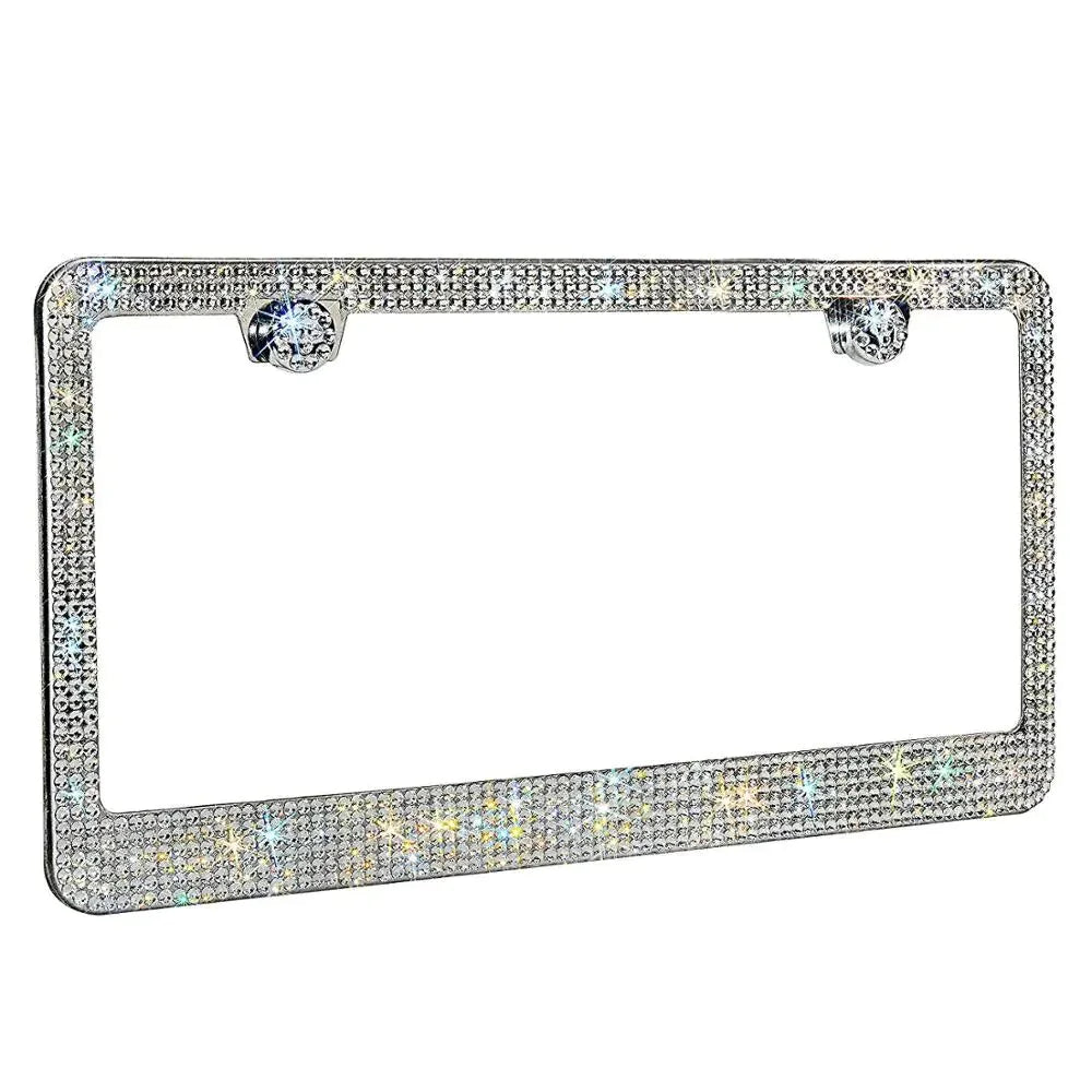 2PCS Bling License Plate Frame - W/Glitter Crystal Sparkling Rhinestone Diamond Caps